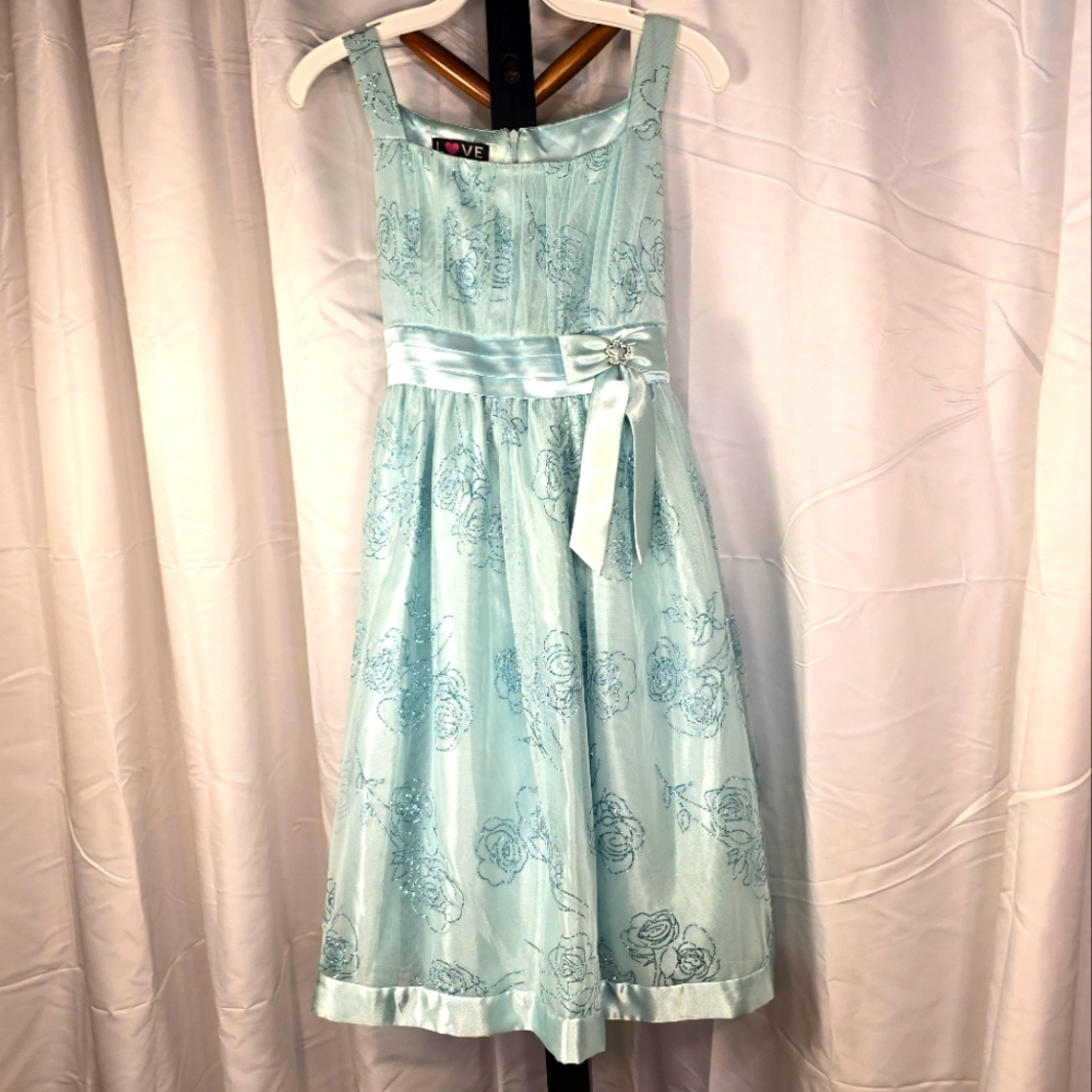 Light Blue Floral Easter Dress with Ribbon Trim